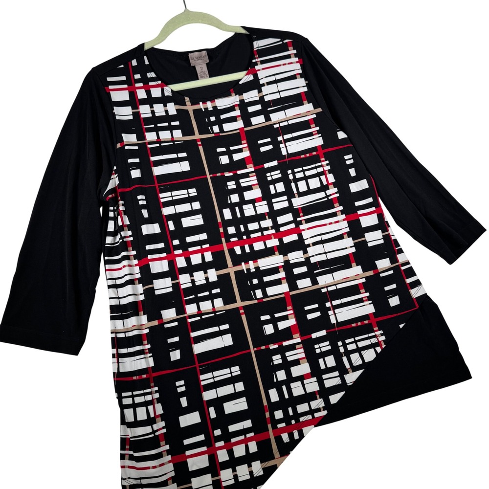 Easywear by Chicos Womens Sz 2 Abstract Geometric 3/4 Sleeve Asymmetrical‎ Tunic